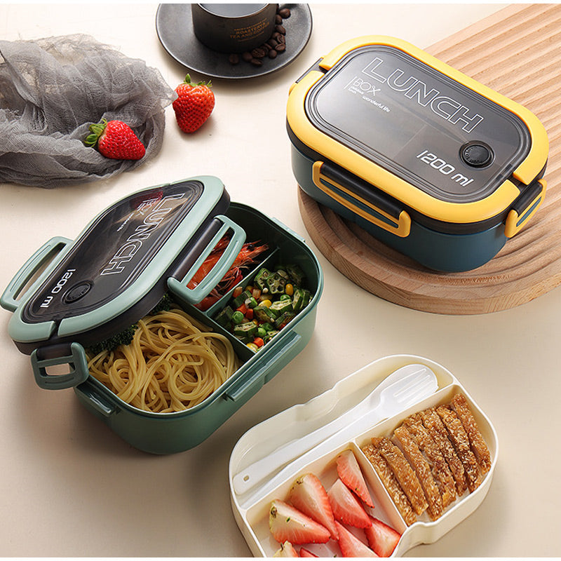 Two-Layer Bento Lunch Box with Fork and Spoon 1200ml Microwave Safe Plastic for Students and Office