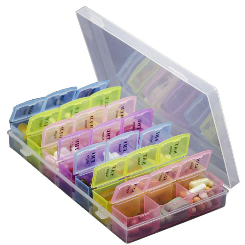 Organizador de pastillas de viaje mini con 21 compartimentos de colores, caja semanal para medicación
