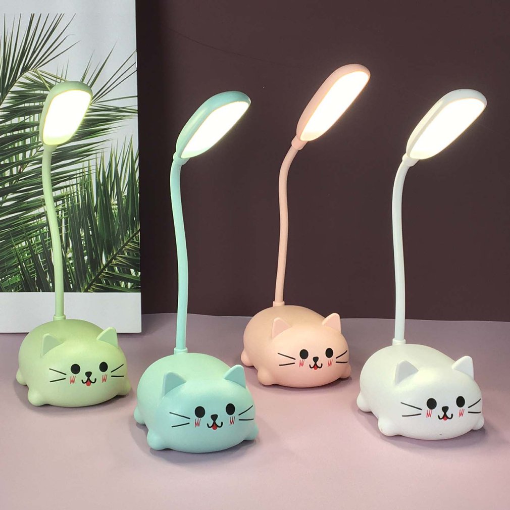 Adjustable Cartoon Cat LED Night Light USB Rechargeable Desk Lamp for Kids Pink Green Blue White