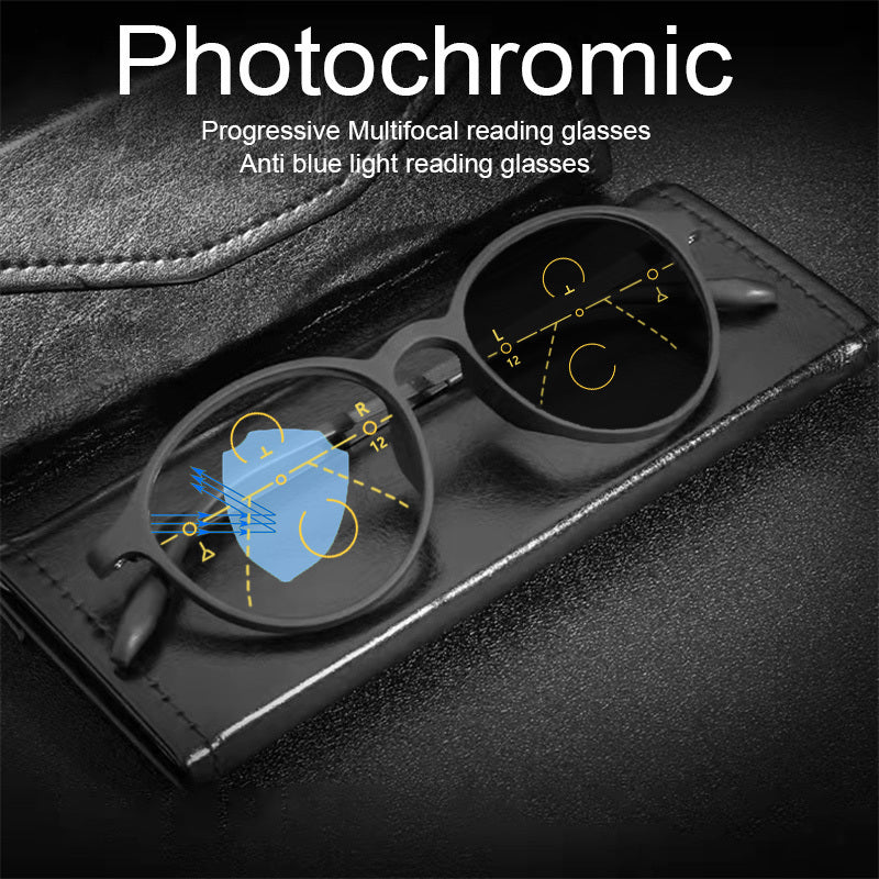 Men's TR90 Round Frame Multifocal Photochromic Reading Glasses with Blue Light Protection