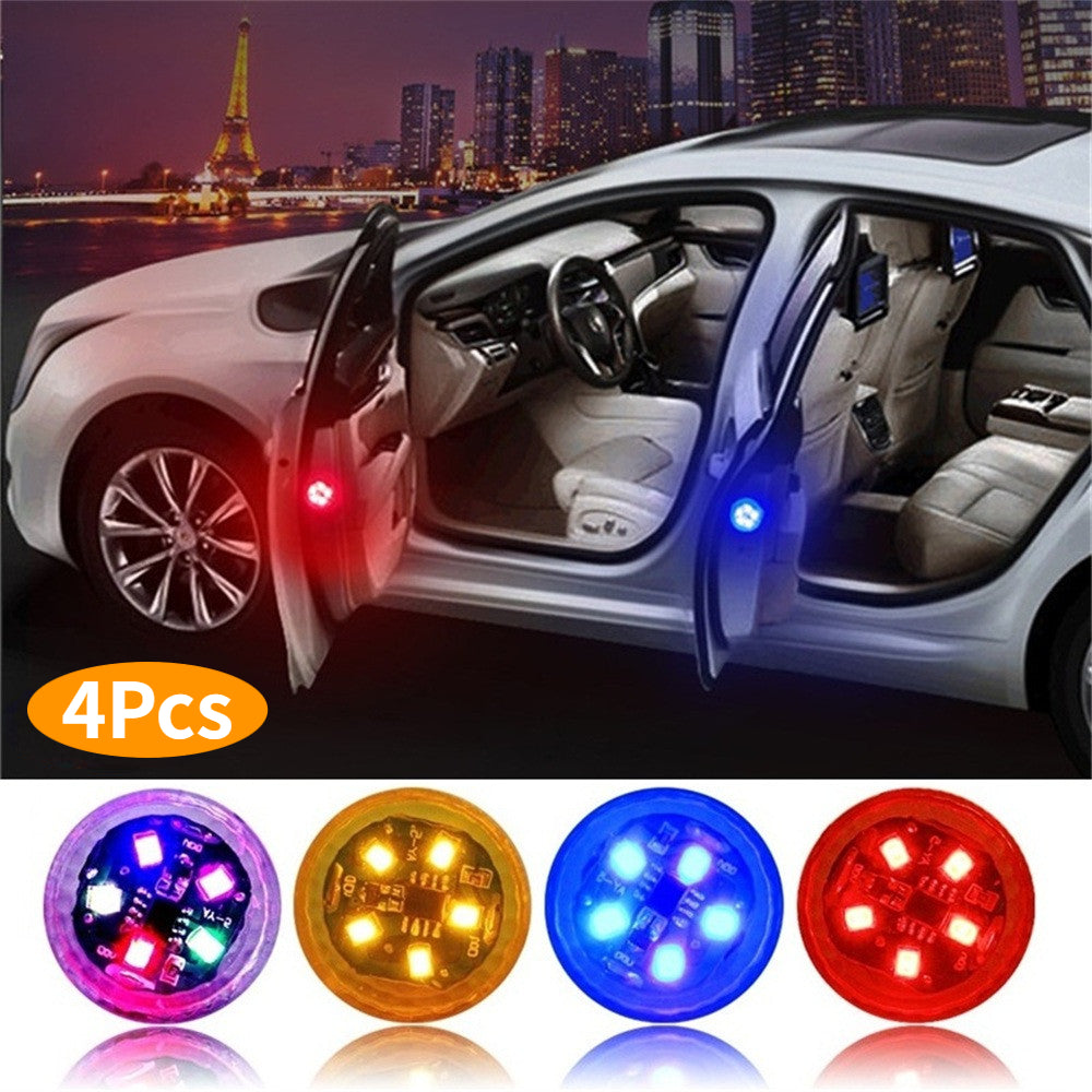 4PCS Mini LED Car Door Warning Lights Wireless Magnetic Sensor Anti-Rear Collision Safety Signal Lamps