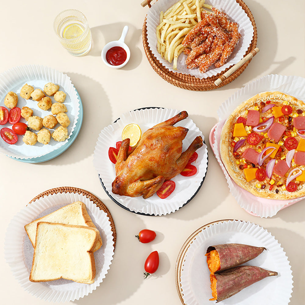 Havo fritözlari uchun bir martalik qog'oz linzalar, 50 yoki 100 ta, yopishmaydigan dumaloq pishirish qog'ozlari