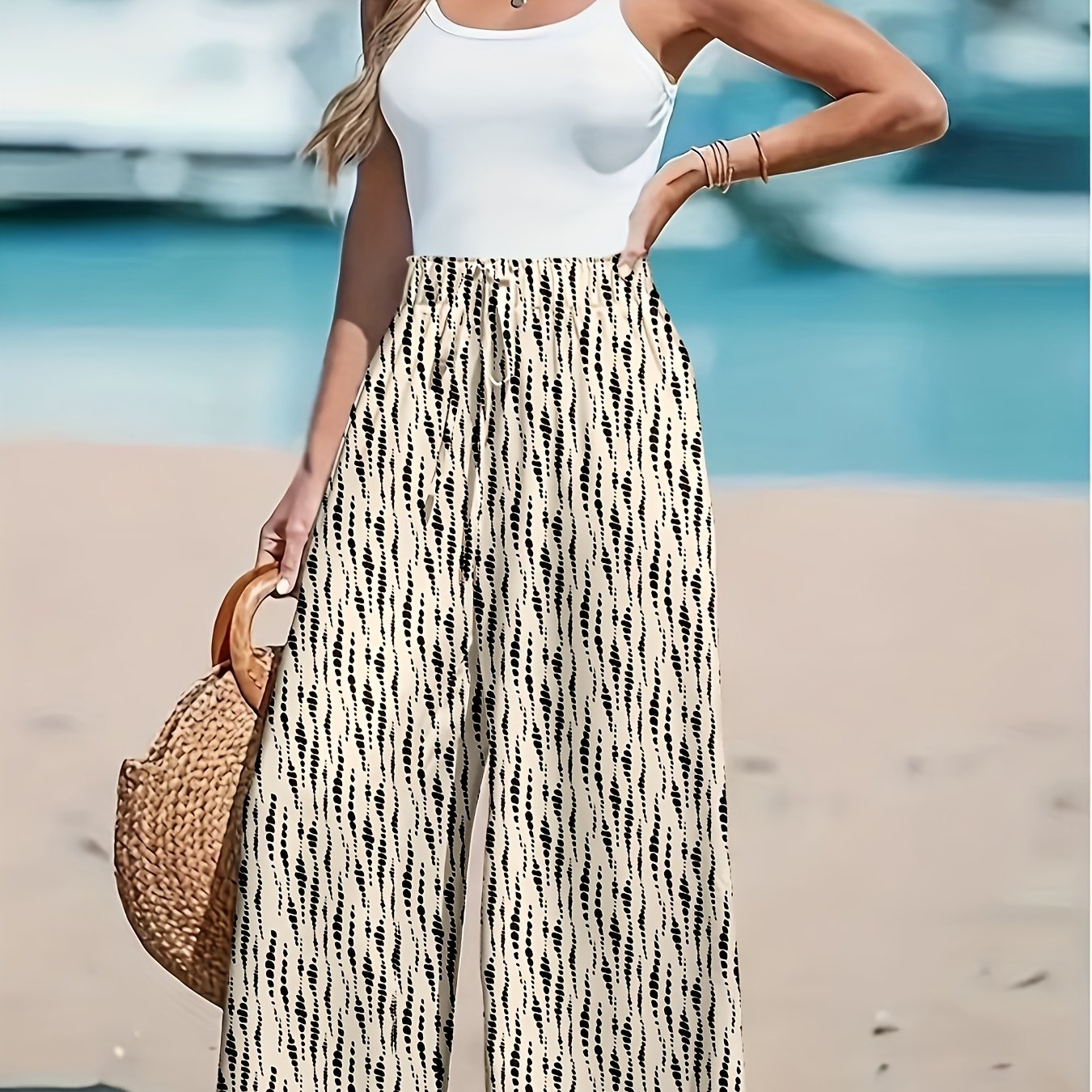 Plus Size Women's Wide-Leg Pants White Black Striped Casual Beachwear