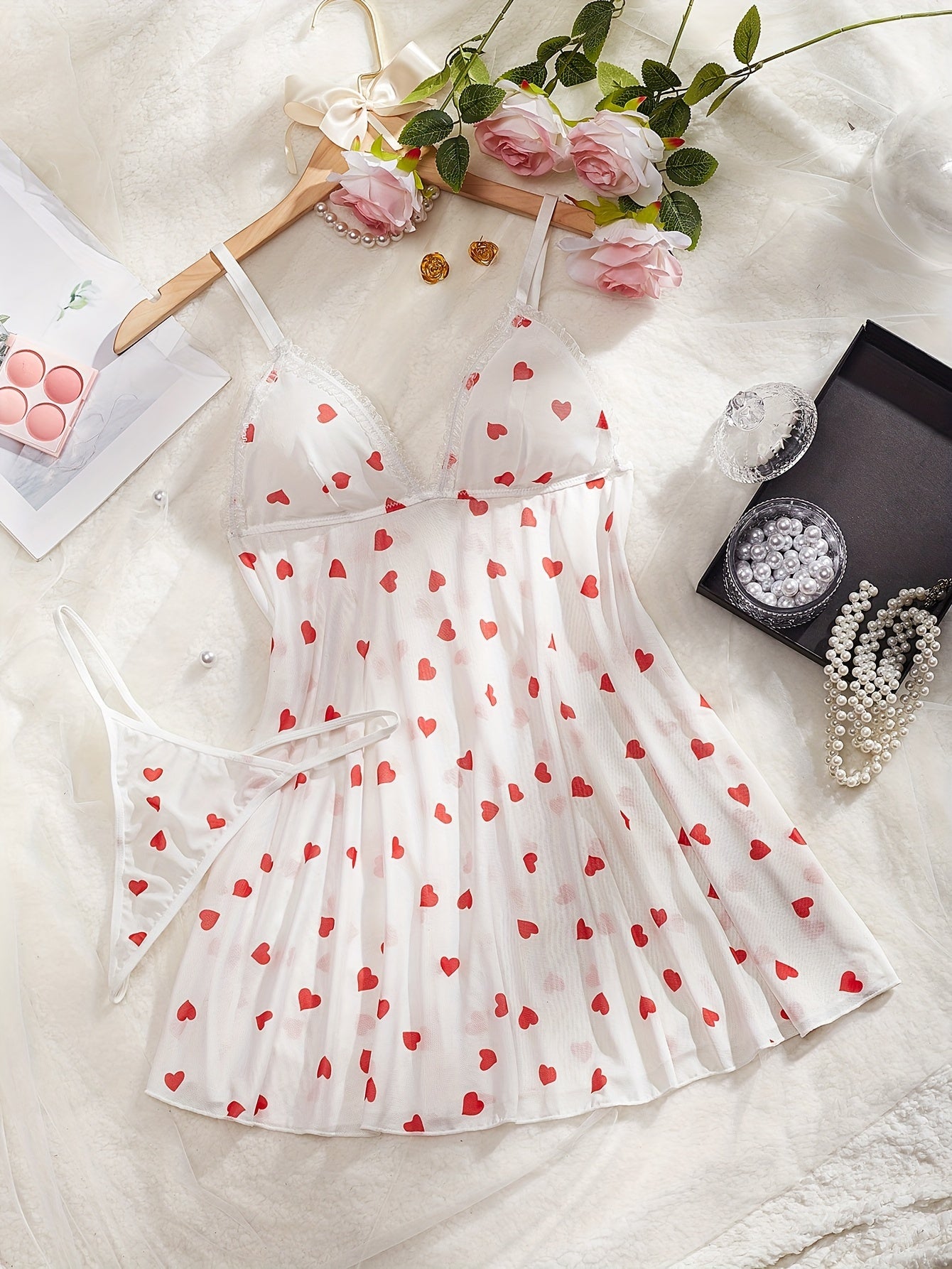 Women's Heart Print Nightgown Set with Matching Thong for Romantic Evenings