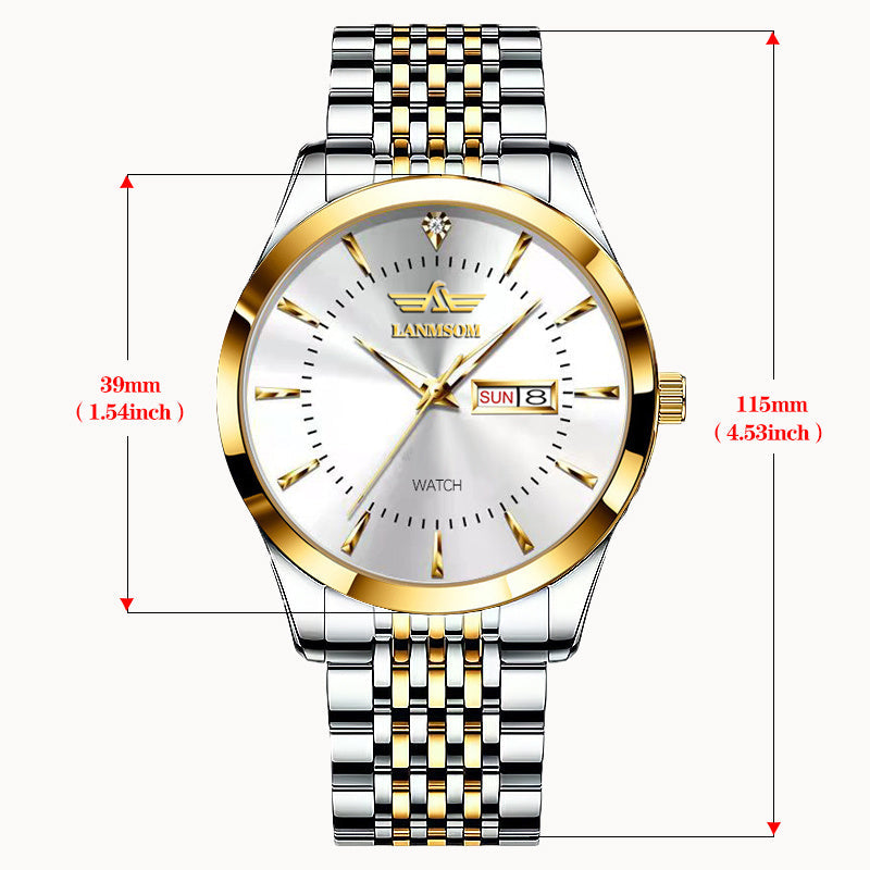 Men's Stainless Steel Quartz Watch with Calendar Water Resistant Business Casual