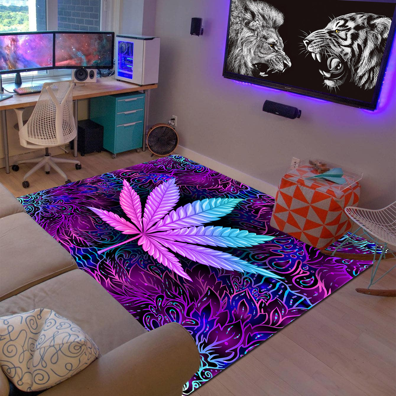 Purple Leaf Print Living Room Carpet Floor Mat for Sofa or Coffee Table