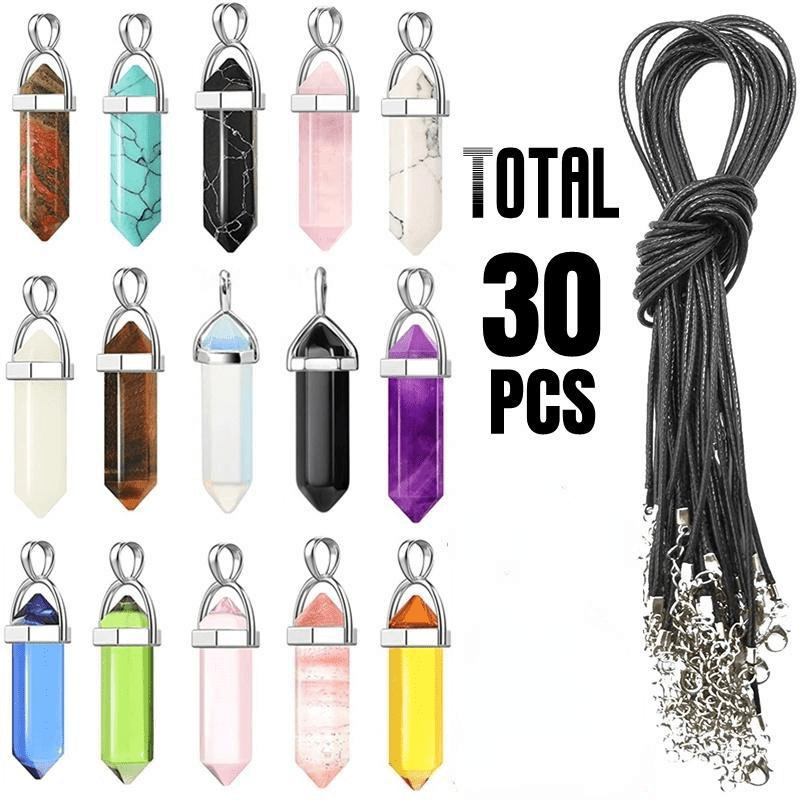 Set of 15 Multicolor Crystal Chakra Pendants with Black Leather Necklace Chain Jewelry