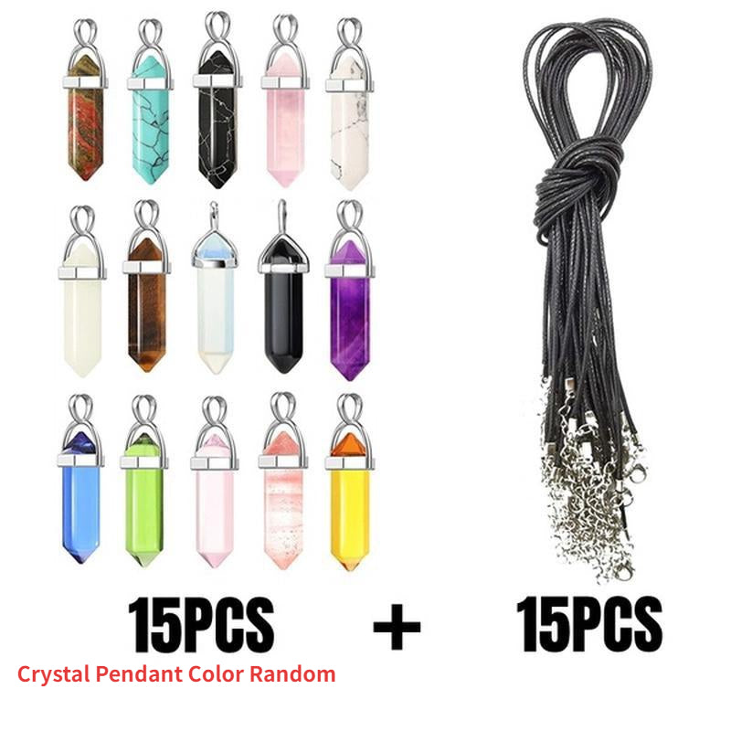 Set of 15 Multicolor Crystal Chakra Pendants with Black Leather Necklace Chain Jewelry