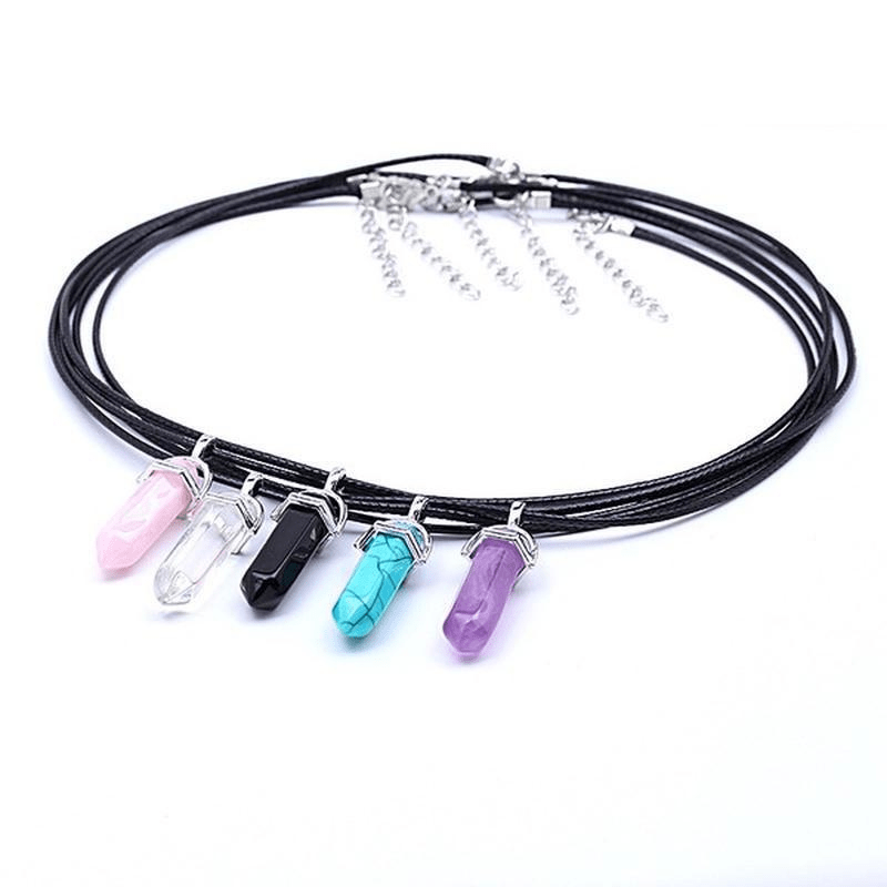 Set of 15 Multicolor Crystal Chakra Pendants with Black Leather Necklace Chain Jewelry