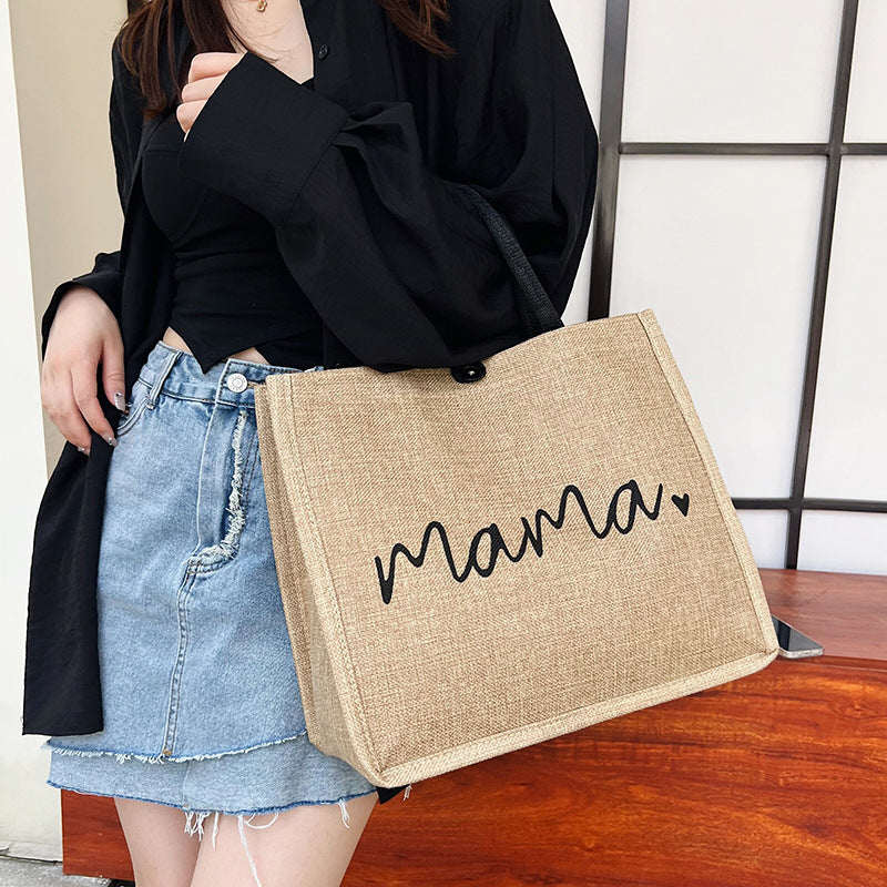Linen Shoulder Bag for Women with Letter Print Spacious Travel and Shopping Bag