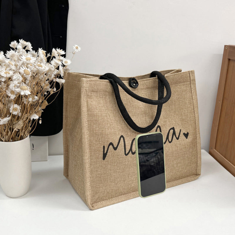 Linen Shoulder Bag for Women with Letter Print Spacious Travel and Shopping Bag