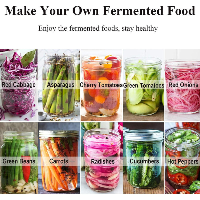 Keng og'zli bankalar uchun mo'ljallangan 4 ta fermentatsiya qopqog'i to'plami, 4 ta zanglamas po'latdan yasalgan fermentatsiya qopqog'i, 4 ta silikondan yasalgan grommet, 4 ta havo qulfi va 4 ta silikondan yasalgan halqa. Bankalar kiritilmagan.