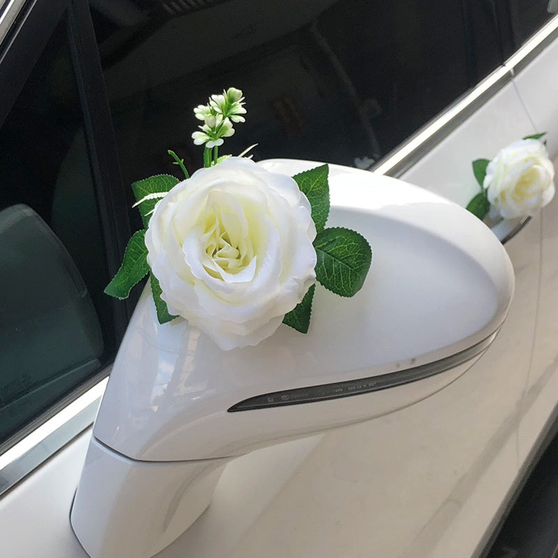 White Rose Car Roof Garland with Door Handle Ribbons 120cm Wedding Decor