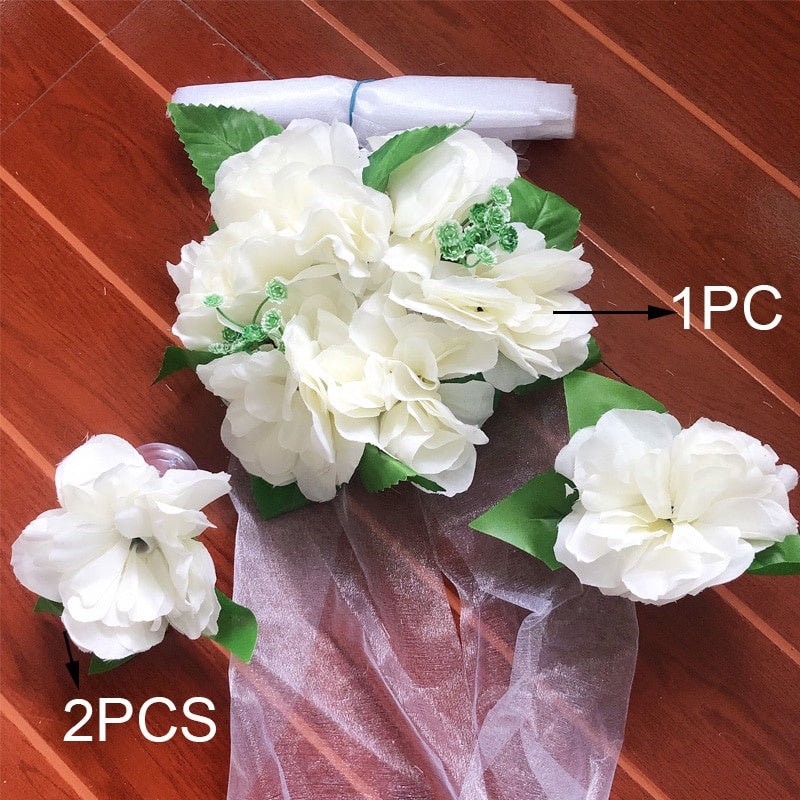 White Rose Car Roof Garland with Door Handle Ribbons 120cm Wedding Decor