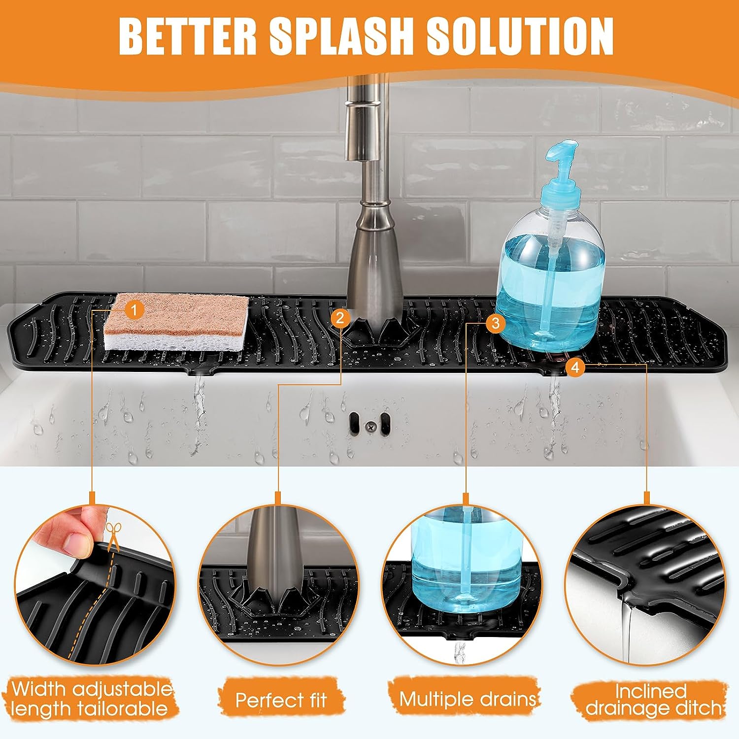 Tapete de silicona para fregadero de cocina impermeable, drenaje y organización para secado y almacenamiento de esponjas