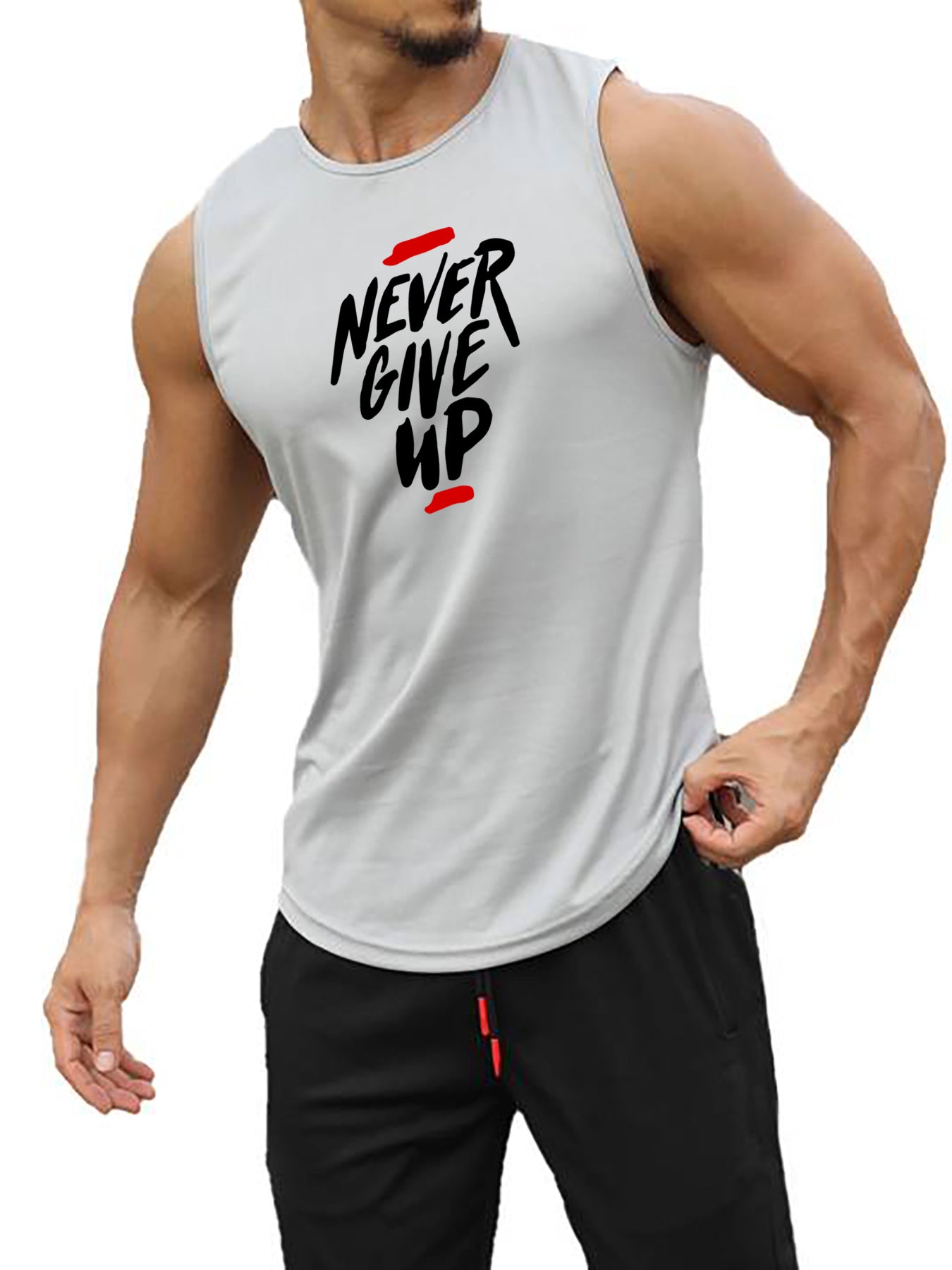 Men's Summer Breathable Polyester Tank Top with "Never Give Up" Print for Workout and Basketball