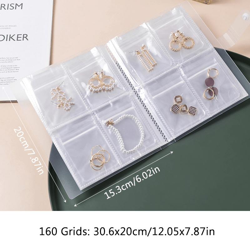 Libro organizador de joyas transparente con 84/160 cuadrículas para anillos, collares, pendientes y pulseras