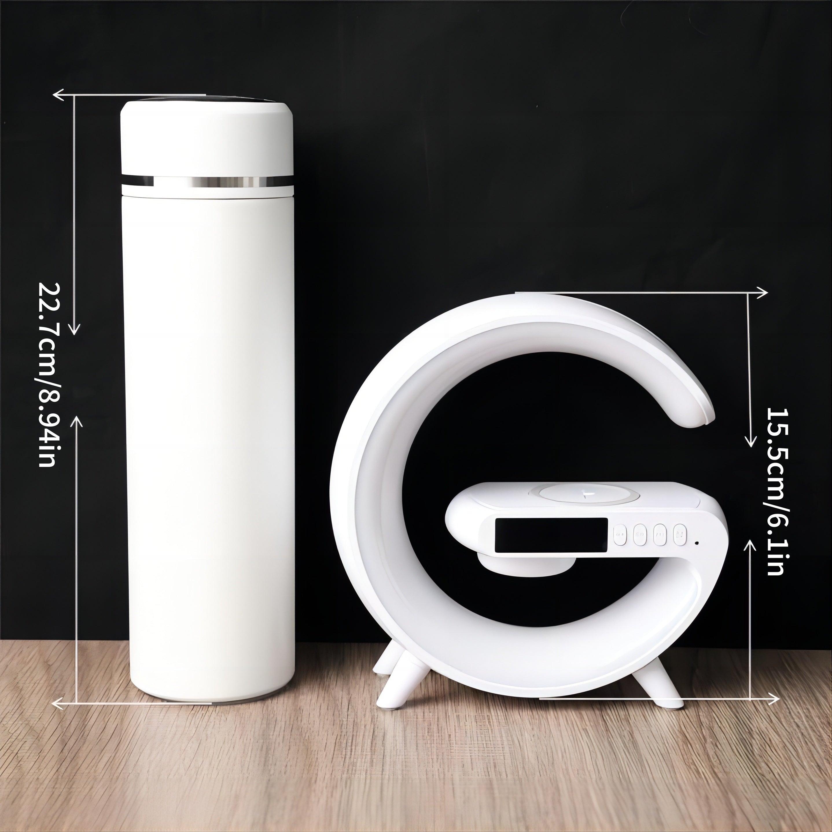 G-Shaped Wireless Speaker with RGB Lights Wireless Charging Digital Clock and 360° Sound