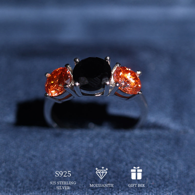 Sterling Silver Promise Ring Set with Orange Moissanite Stones and Black Moissanite Accent