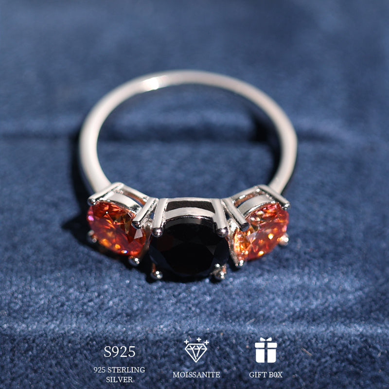 Sterling Silver Promise Ring Set with Orange Moissanite Stones and Black Moissanite Accent