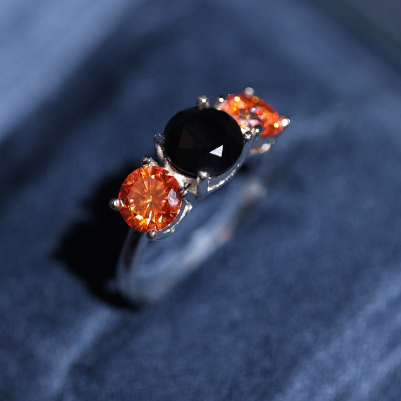 Sterling Silver Promise Ring Set with Orange Moissanite Stones and Black Moissanite Accent