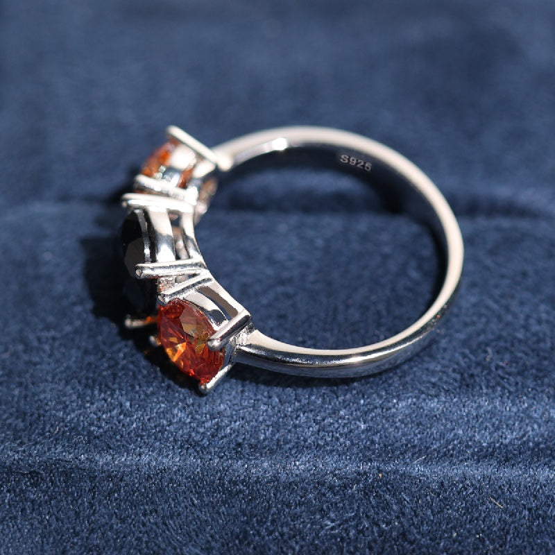 Sterling Silver Promise Ring Set with Orange Moissanite Stones and Black Moissanite Accent