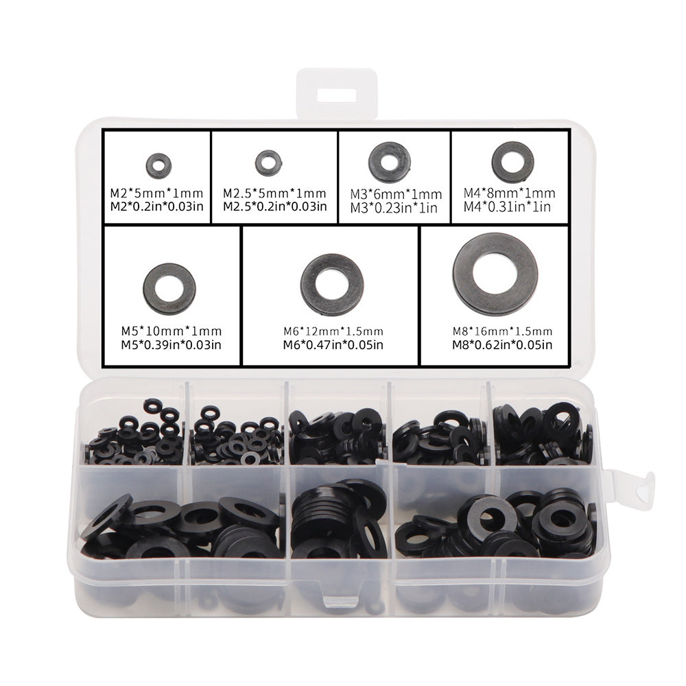 500 Piece Set of Plastic Flat Washers in Various Sizes for Fastening
