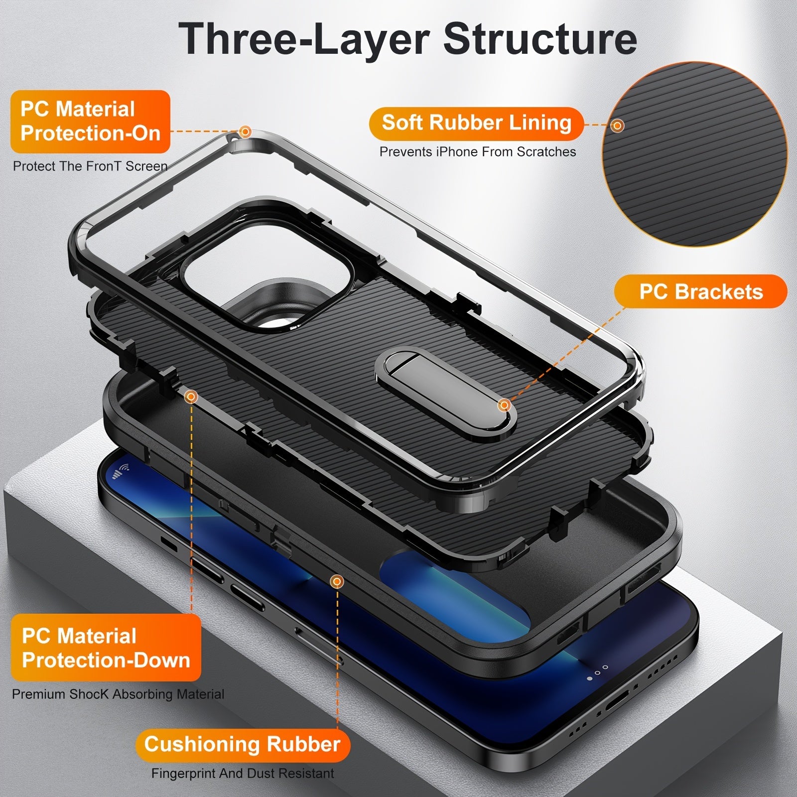 Heavy Duty Rugged Shockproof Phone Case for iPhone 15 Pro Max 14 13 Pro with Dual Layer Protection and Stand