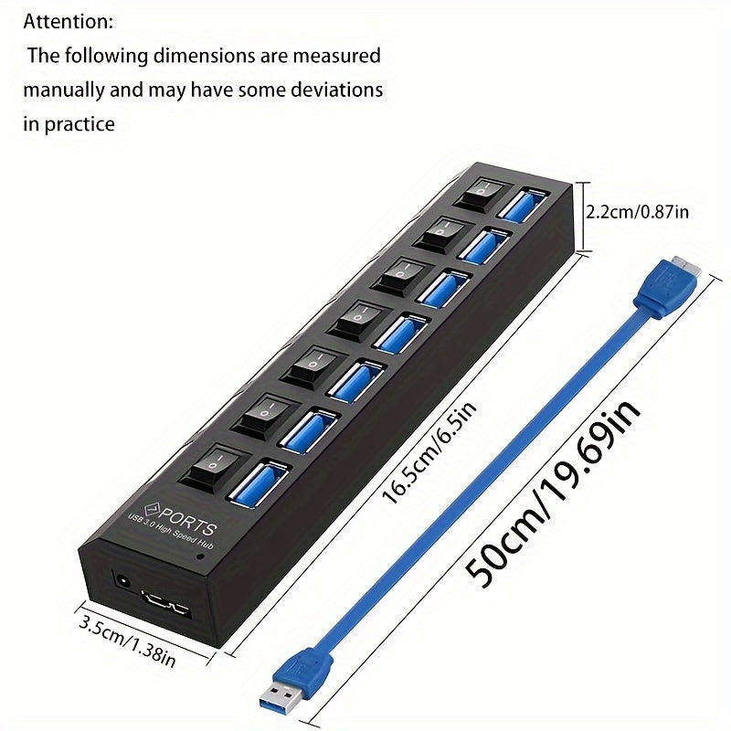 7-Port USB 3.0 Hub with LED Switch Fast Data Transfer Compatible with Laptops and PCs