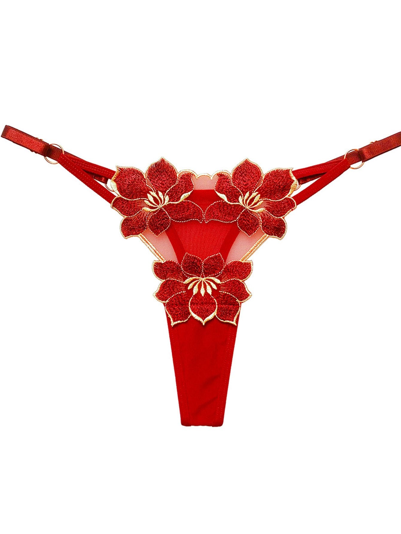 Women's Floral Embroidered Lingerie Thongs and Hollow Ring Link Panties
