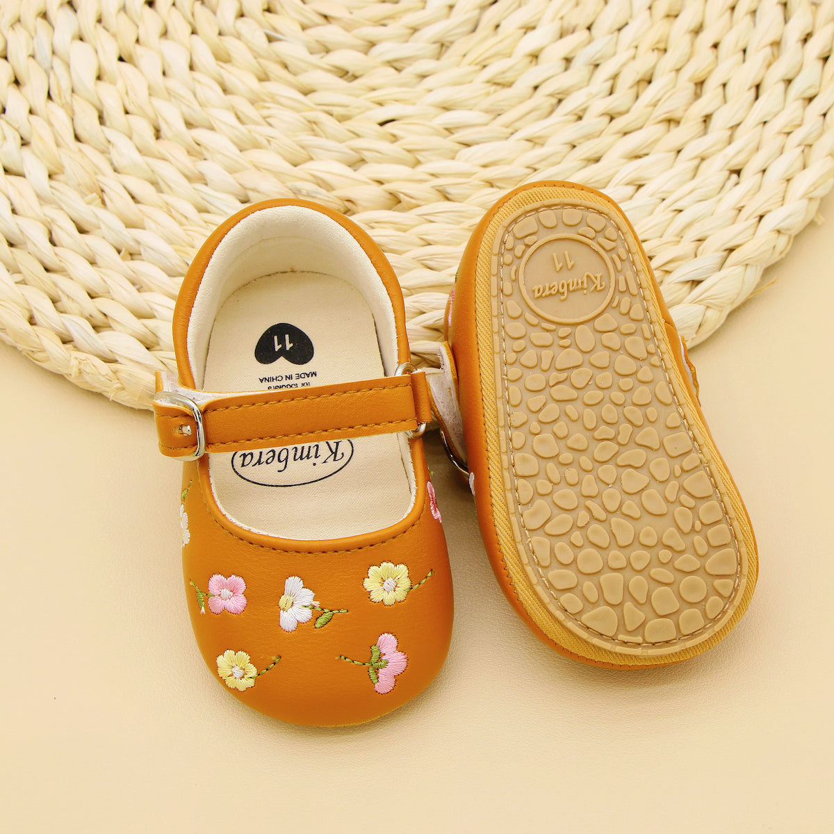 Baby Girls Embroidered Flower Mary Jane Shoes Lightweight Non-Slip Flat Sole for Indoor Outdoor Autumn