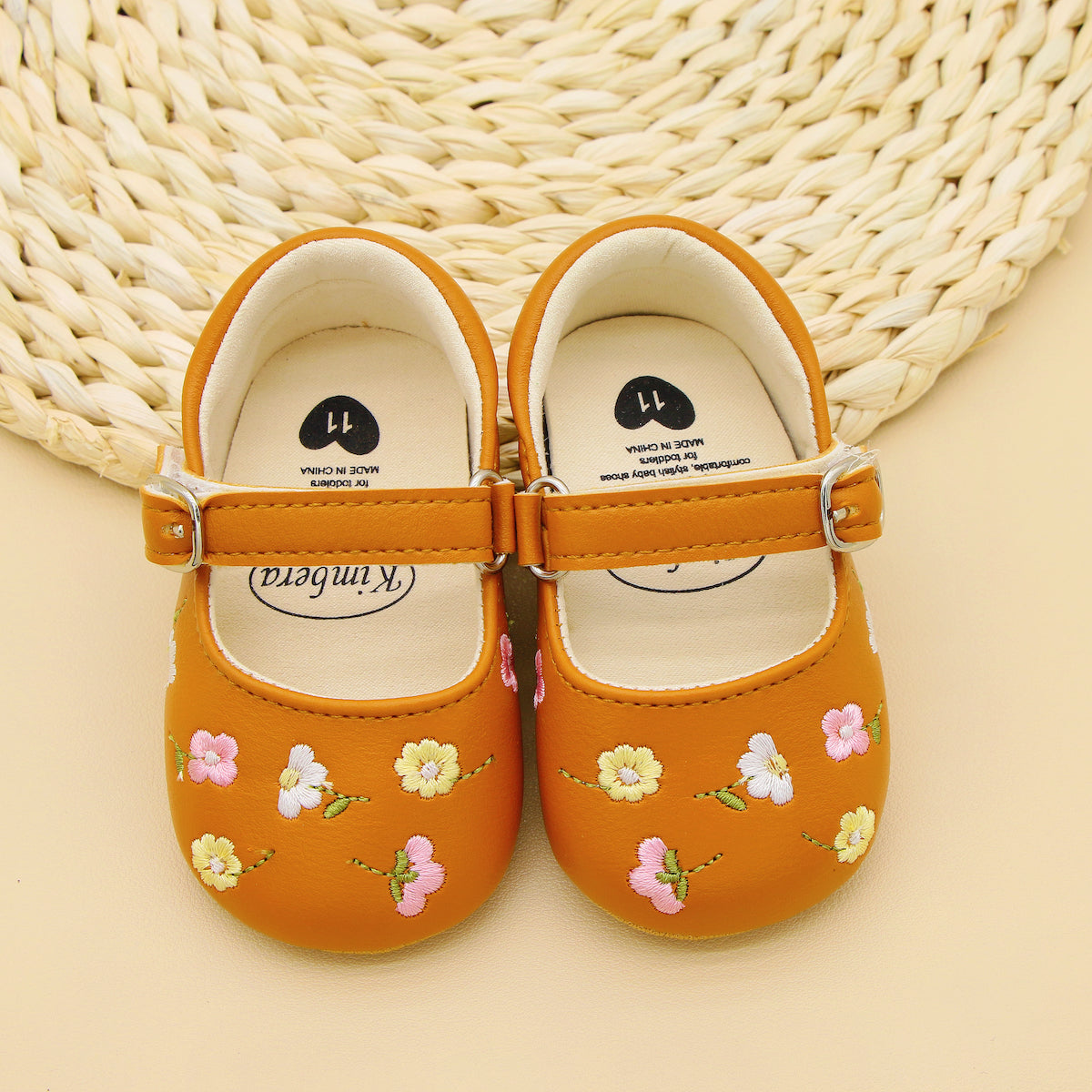 Baby Girls Embroidered Flower Mary Jane Shoes Lightweight Non-Slip Flat Sole for Indoor Outdoor Autumn