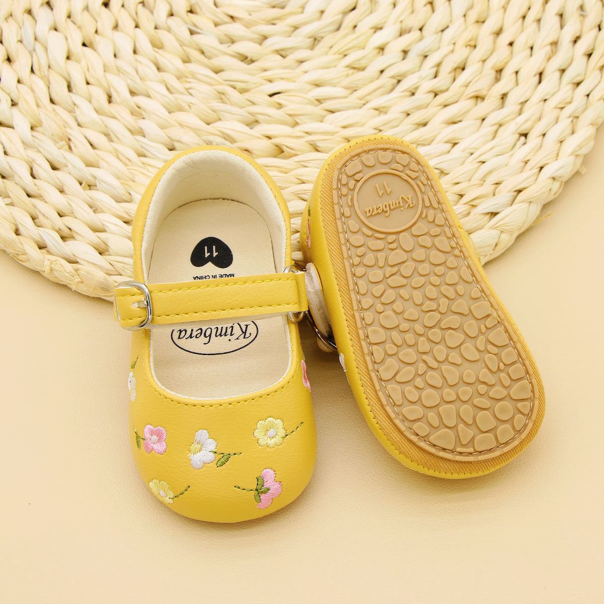 Baby Girls Embroidered Flower Mary Jane Shoes Lightweight Non-Slip Flat Sole for Indoor Outdoor Autumn
