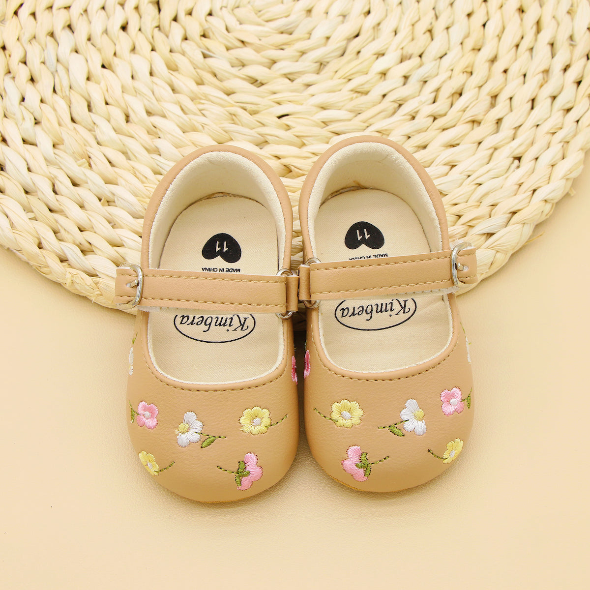 Baby Girls Embroidered Flower Mary Jane Shoes Lightweight Non-Slip Flat Sole for Indoor Outdoor Autumn