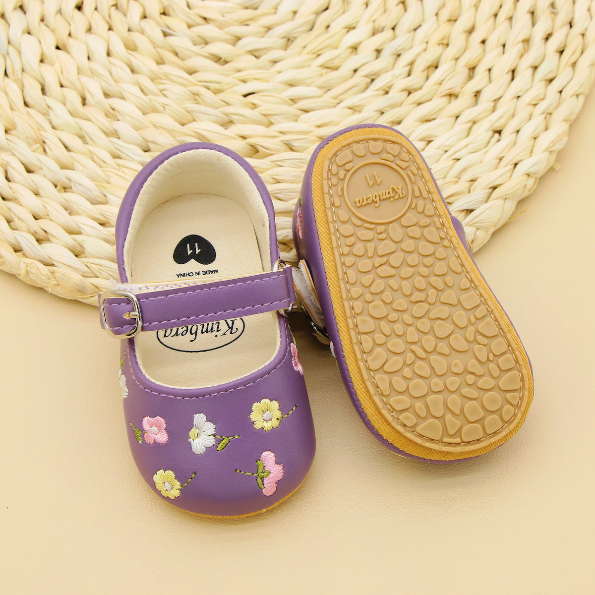 Baby Girls Embroidered Flower Mary Jane Shoes Lightweight Non-Slip Flat Sole for Indoor Outdoor Autumn