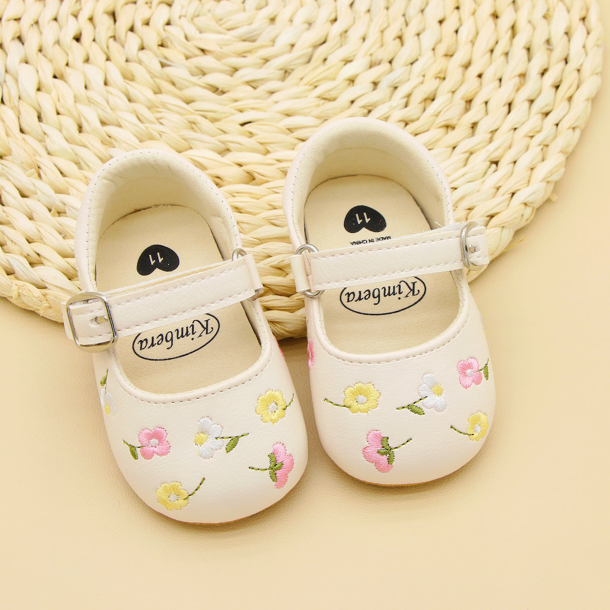 Baby Girls Embroidered Flower Mary Jane Shoes Lightweight Non-Slip Flat Sole for Indoor Outdoor Autumn
