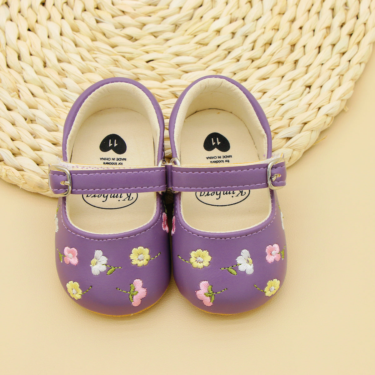 Baby Girls Embroidered Flower Mary Jane Shoes Lightweight Non-Slip Flat Sole for Indoor Outdoor Autumn