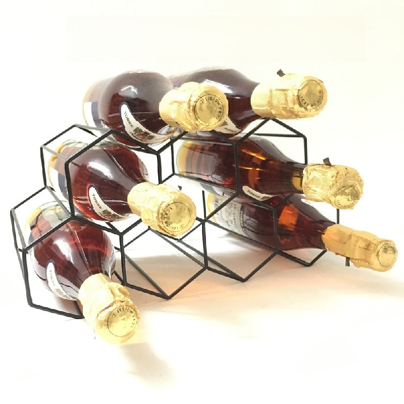 Black Metal Honeycomb Wine Rack Holds 7 Bottles Hexagonal Grid Display Organizer for Kitchen or Living Room