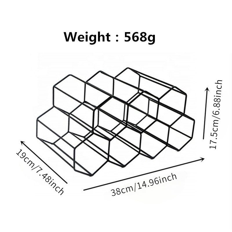 Qora metall asal honeycomb vino rack 7 ta shisha sig'imi bilan oshxona yoki mehmonxona uchun olti burchakli tarmoq ko'rsatuvchi tashkilotchi