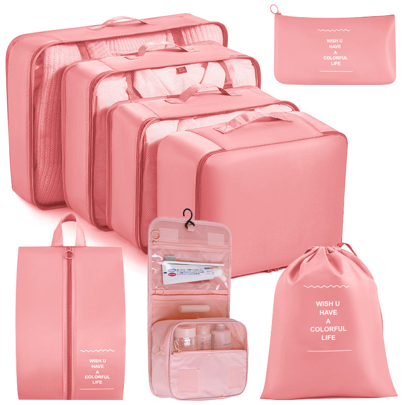 Pink Travel Organizer Set with 8 Pieces Polyester Luggage and Toiletry Bags