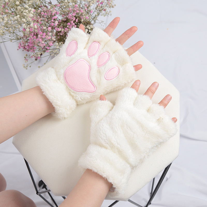 Kawaii Cat Paw Plush Gloves for Women Warm Fleece Half Finger Winter Autumn