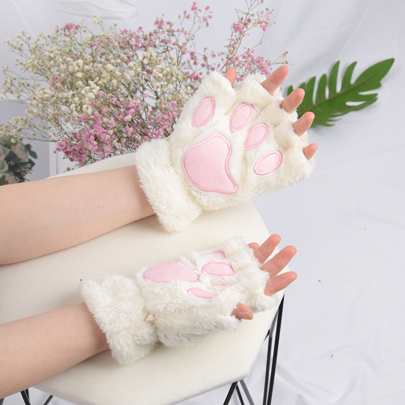 Kawaii Cat Paw Plush Gloves for Women Warm Fleece Half Finger Winter Autumn