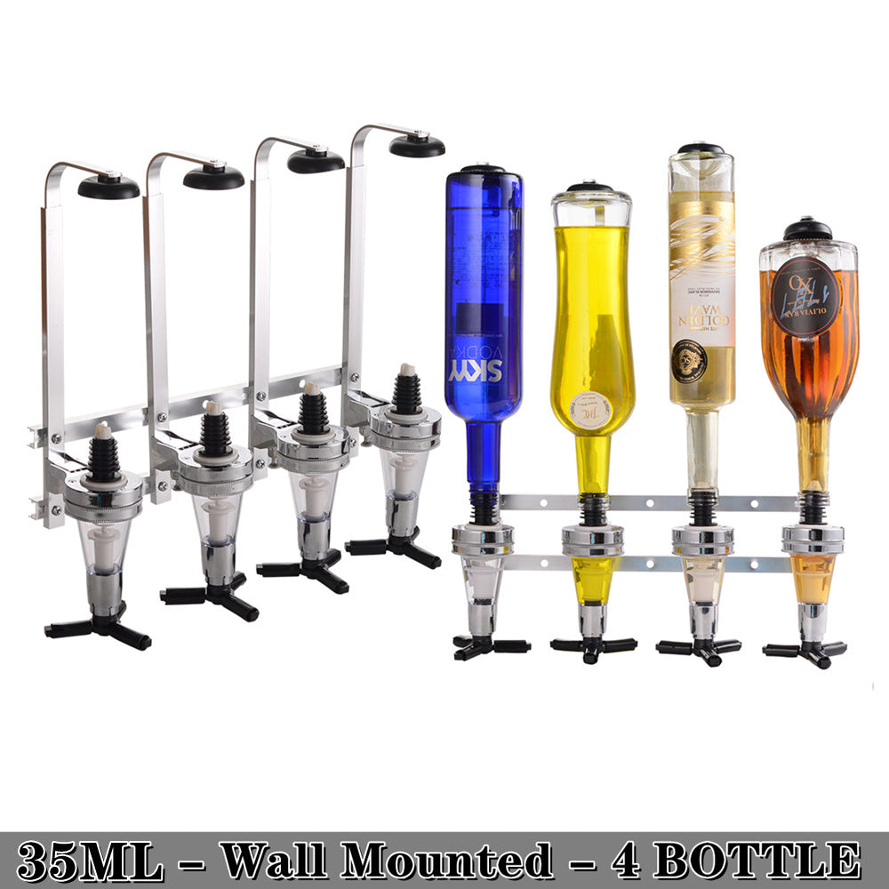 Wall-Mounted Liquor Dispenser Holds 4 Bottles Chrome Finish Aluminum Alloy