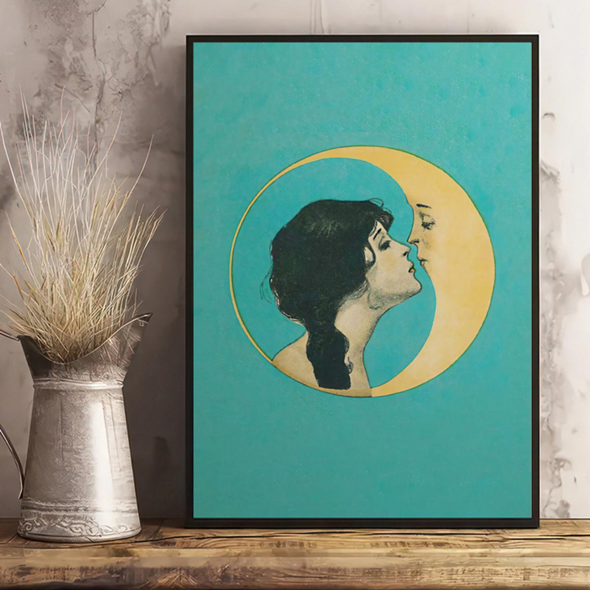 Vintage Moon Kiss Canvas Wall Art Art Nouveau Teal Black and White Illustration