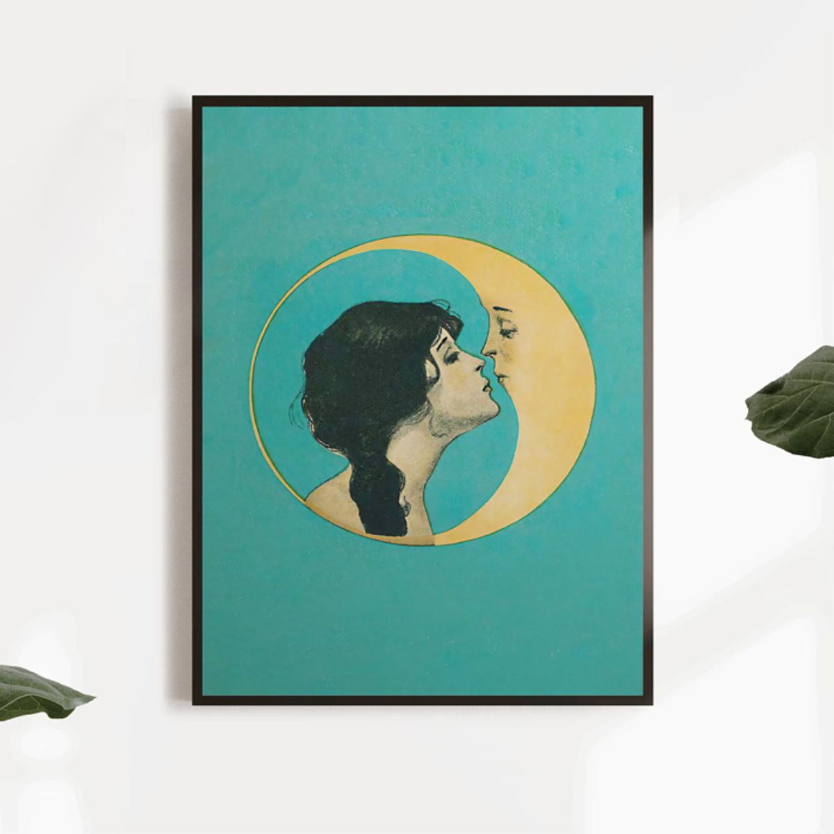 Vintage Moon Kiss Canvas Wall Art Art Nouveau Teal Black and White Illustration