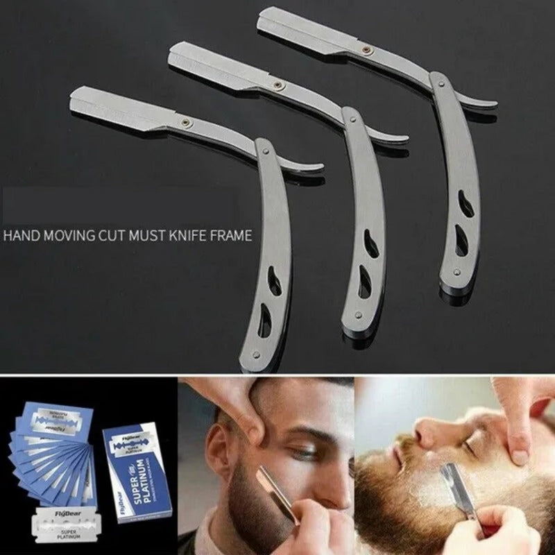 Men's Foldable Straight Razor for Hair Shaving Face Care with Replacement Blades