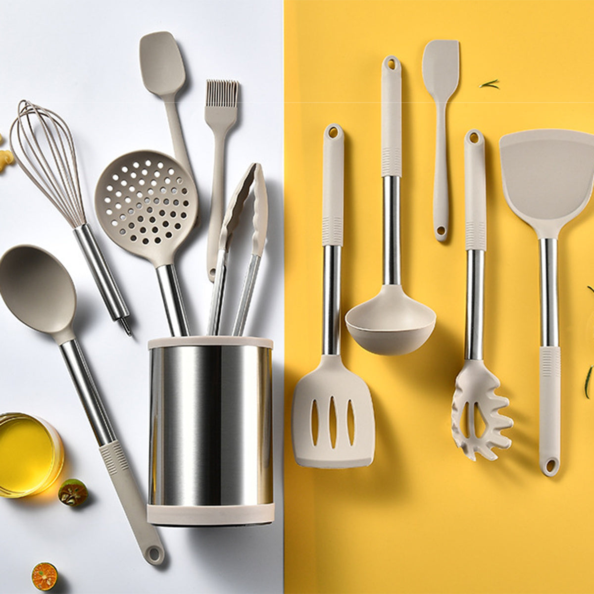 Набор из 12 силиконовых кухонных принадлежностей с металлическими ручками, антипригарные кухонные гаджеты