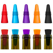 Set of 10 Tapered Silicone Wine Bottle Stoppers in Stainless Steel with Red Blue Orange Purple Black