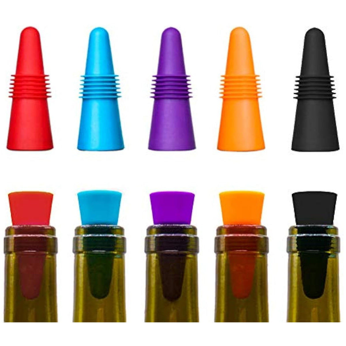 Set of 10 Tapered Silicone Wine Bottle Stoppers in Stainless Steel with Red Blue Orange Purple Black