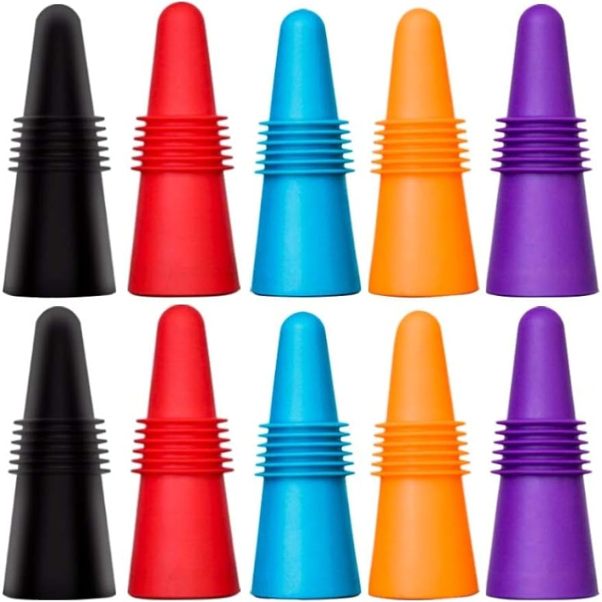 Set of 10 Tapered Silicone Wine Bottle Stoppers in Stainless Steel with Red Blue Orange Purple Black